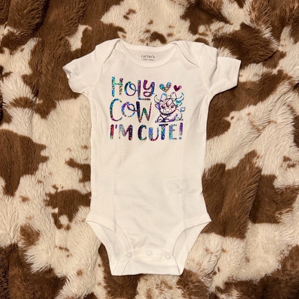 Carter's White Baby One-Piece with Multicolor Holographic 'Holy Cow I'm Cute!'
